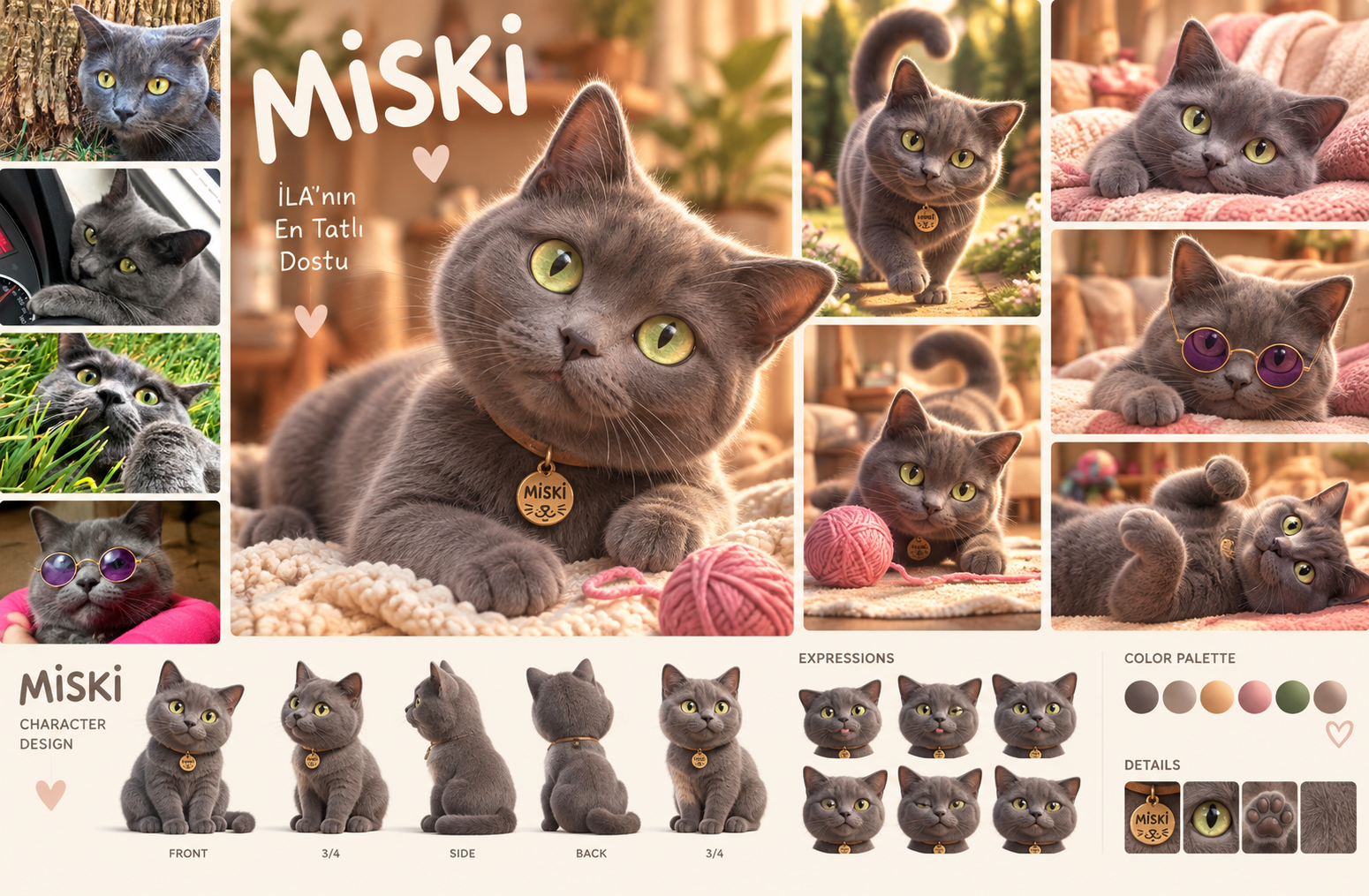 Gri tüylü, yeşil gözlü kedi Miski